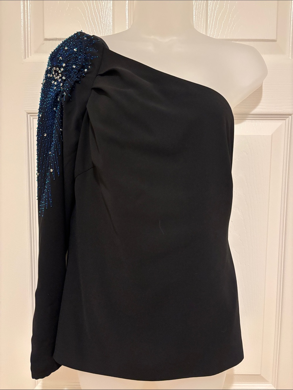 Trina Turk Black One-Shoulder Blouse with Blue Beaded Shoulder Embellishment